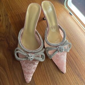 MACH & MACH Pink Lace Heels with Silver Rhinestone Bow